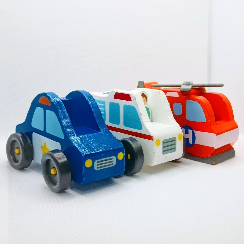 Lot of 3 Melissa & Doug Wooden Cars 9285 Preschool Police Ambulance Helicopter